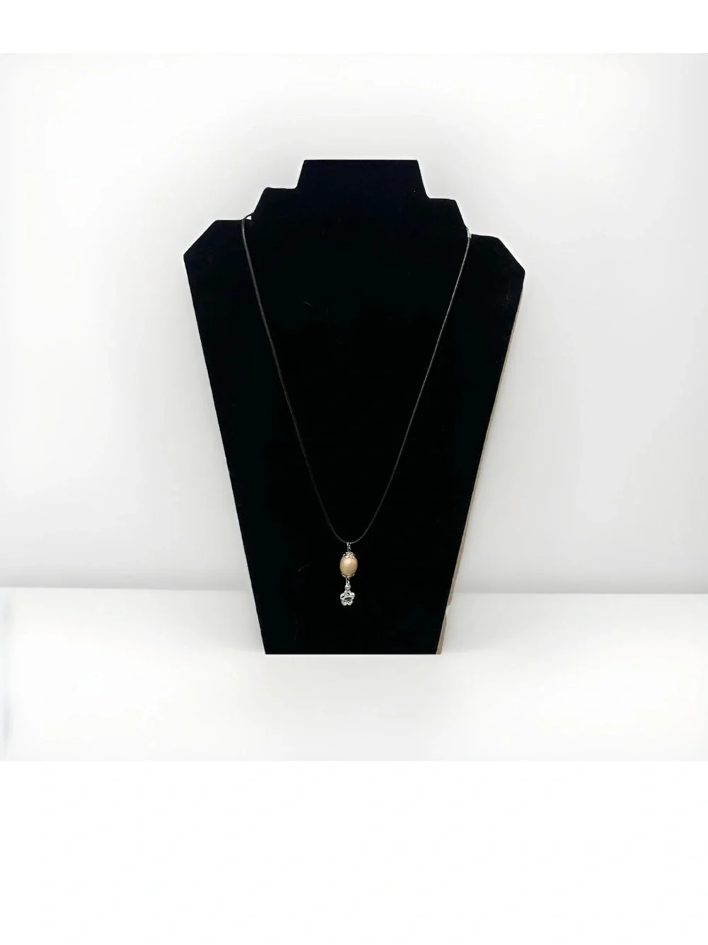 Handmade Silver Flower Oval Bead Pendant Necklace Black Leather Cord Statement